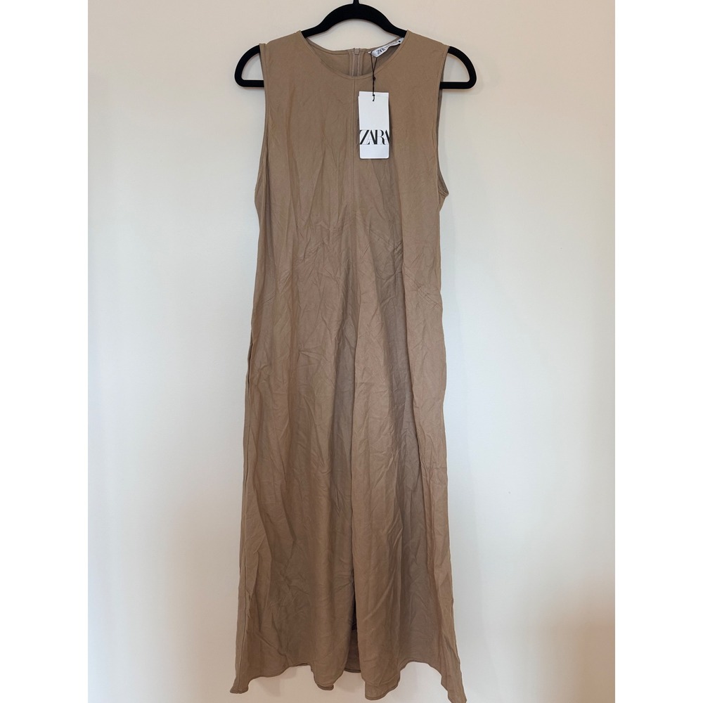 Zara Women XL Tan Khaki Linen Blend Sleeveless Midi Dress New With Tags